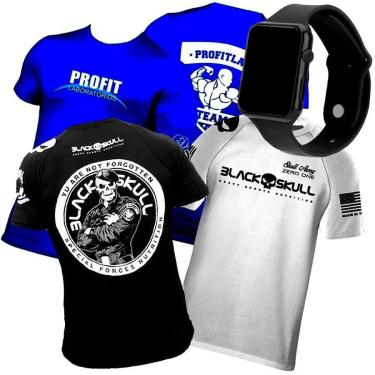 Imagem de Kit 3x Camisa  Padrão Branca + Bope Preta Black Skull + Azul Profit + Relogio Digital-Unissex