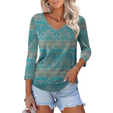 Imagem de KTILG Camisetas femininas com gola V, manga 3/4, blusas de verão, elegantes, casuais, lisas, básicas, Floral azul claro e verde, XXG