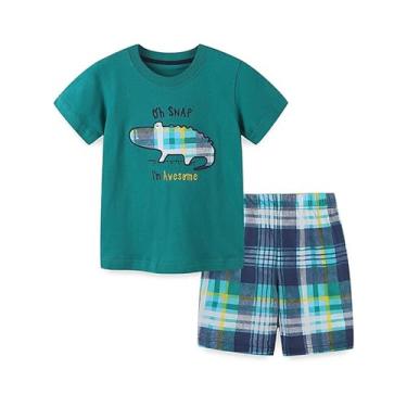 Imagem de Roupas infantis de verão de algodão, gola redonda, camisa de manga curta e shorts soltos, conjunto curto, 2 peças, Verde, 120/5-6 Y
