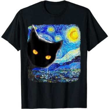 Imagem de Camiseta unissex com estampa de gato Starry Night Cat, Van Gogh Cat Art Lover, Cat Mom Dad, Preto, XXG