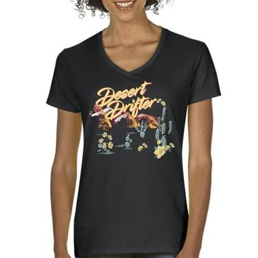 Imagem de Camiseta feminina Desert Drifter com decote em V Vintage Boho Desert Vibe Retro Southwest Bohemian Cactus Art American Travel Tee, Preto, G