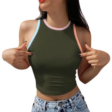 Imagem de PKDong Halter Tops para mulheres sexy sem mangas camiseta feminina frente única gola redonda camiseta regata feminina cropped na moda, Verde, XXG