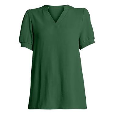 Imagem de Vestido feminino de seda com gola V, manga bufante, solto e elegante, manga curta, Verde, GG