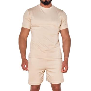 Imagem de Uni Clau Conjunto masculino de 2 peças, camiseta de verão e short para praia, muscular, treino de férias, Caqui, XXG