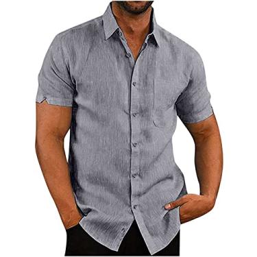 Imagem de Camisas de manga curta para homens verão outono gola alta linho férias básico blusas masculinas 2024 moda Y2K, L-953 Cinza, G