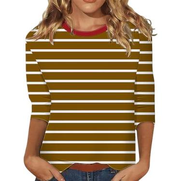 Imagem de Camisetas femininas estampadas listradas de verão manga 3/4 com gola redonda casual solta básica blusa moderna colorida, Bronze, XXG