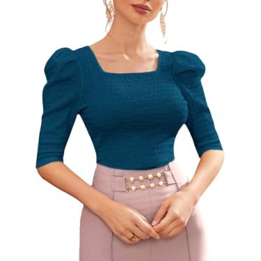 Imagem de SHENHE Camiseta feminina de verão com gola quadrada, meia manga, caimento justo, elegante, Azul-petróleo, GG