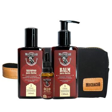 Imagem de Kit Shampoo Para Barba + Balm Para Barba + Óleo Para Barba Frasco - Muchacho Classic + Necessaire Muchacho Cancun