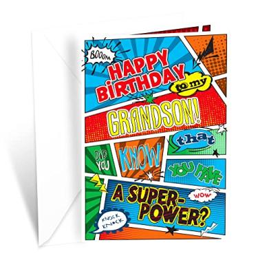 Imagem de Prime Greetings Cartão de aniversário para neto, feito nos EUA, ecológico, cartolina grossa com envelope premium 12,7 cm x 19,7 cm, embalado em correio protetor (super-herói)