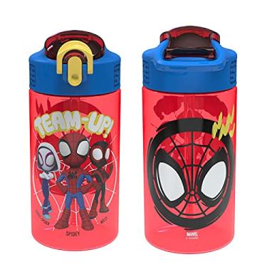 Imagem de Zak Designs Garrafa de água infantil Marvel Spider-Man com tampa de bico e alça de transporte, plástico durável, design à prova de vazamento para viagens (473 ml, pacote com 2, Spidey and His Amazing