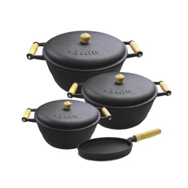 Imagem de Jogo Panela Ferro Alça De Madeira Tampa E Frigideira Nº11 - Casa E Jar