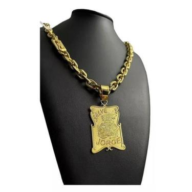 Imagem de Cordão Cadeado 12Mm + Pingente Salve Jorge - Banhado A Ouro - Tojoia18