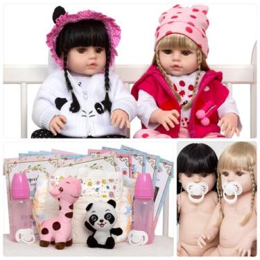 Imagem de Bebe Reborn Gemeas Enxoval Girafinha Pandinha 27 Acessórios - Cegonha 