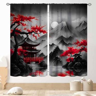Imagem de Cortinas de flores de cerejeira, pintura de tinta tradicional japonesa vermelha floral flor de ameixa asiática natureza oriental montanhas paisagem cortinas de janela tratamentos para quarto sala de