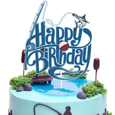 Imagem de Gone Fishing Happy Birthday Cake Topper Blue Glitter Little Fisherman Cake Decoration Bobber Fish Man Fishery Pole Fisher Party Supplies for Kids Boys Man