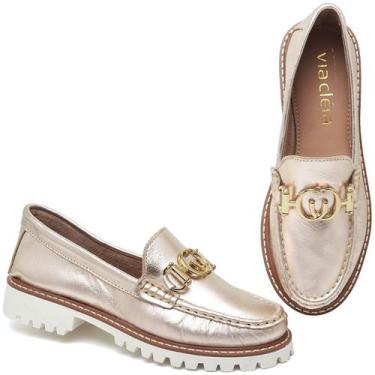 Imagem de Mocassim Feminino Tratorado Couro Dourado Brilho Verniz Com Metal Dour