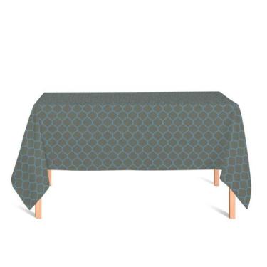 Imagem de Toalha de Mesa Retangular em Tecido Jacquard Azul e Dourado Geométrico