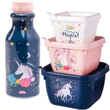 Imagem de Kit Infantil Unicórnio Porta Lanche Alimentação Lancheirinha - Plasuti