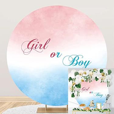 Imagem de OERJU 2,2 x 2,2 m capa de fundo redonda revelação de gênero menino ou menina azul ou rosa capa de fundo círculo para chá de bebê recém-nascido revelação de gênero decoração de festa de fotos adereços
