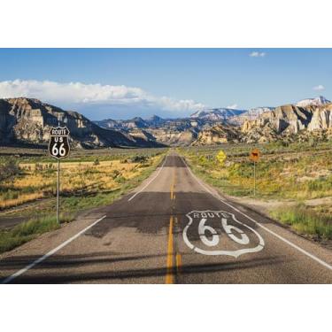 Imagem de CORFOTO 4,6 x 3 m Rota dos EUA 66 pano de fundo American Wild West Straight Road Route 66 Sinais Fundo Montanha Deserto Paisagem Pano de fundo para aniversários, festas ocidentais, adereços para fotos