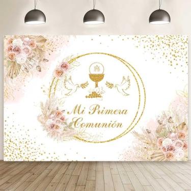 Imagem de MEHOFOND 2,1 x 1,5 m Boho Mi Primera Comunión pano de fundo para meninas rosa pastel primeira comunhão fotografia fundo boêmio pombo floral dourado glitter batismo decoração festa Deus abençoe estúdio