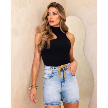 Imagem de Shorts Jeans Mom Feminino Cintura Alta Jeans com Cordão 23659 American