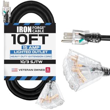 Imagem de Cabo de extensão externo de 25 pés com 3 tomadas elétricas - 10/3 SJTW preto cabo de extensão iluminado de calibre 10 com plugue aterrado de 3 garras para segurança, 15 AMP