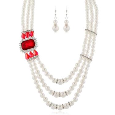 Imagem de Conjunto de brincos de colar de pérolas de noiva, conjunto de joias para mulheres, multicamadas, strass, gargantilhas, conjunto de brincos, damas de honra, formatura, acessórios de bijuteria, Large,