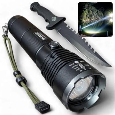 Imagem de Lanterna Tática XHP160 Recarregável + Faca Tática Aço Premium Luz Forte e Lâmina Afiada. Ideal para camping, sobrevivência, emergências, atividades ao ar livre, caçadas e missões táticas.