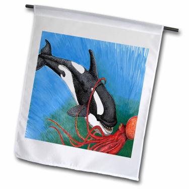 Imagem de 3dRose fl_171377_1 Ilustração de uma baleia assassina atacando um polvo bandeira de jardim, 30 x 45 cm