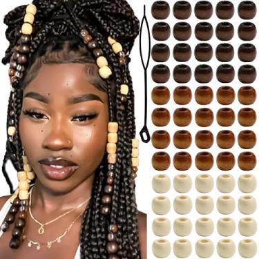 Imagem de VENOFEN 60 peças de contas de madeira jumbo de madeira para tranças, contas de cabelo para crianças, meninas, kit de fabricação de joias