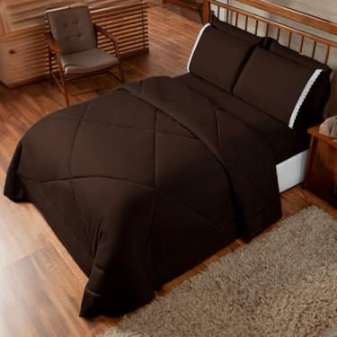 Imagem de Kit Completo Casal Queen e Padrão - Edredom Dupla Face, Lençol com Elástico, Fronhas com Lese, Porta Travesseiros e Acabamento Premium Conforto e Elegância (Marrom, Casal Padrão e Queen(240x215cm))
