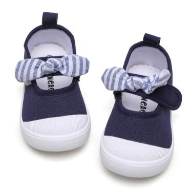 Imagem de GENGASUN Tênis infantil feminino de lona, laço Mary Jane, sapatos rasos para uniforme escolar, sapatos sociais, Azul, 6.5 Toddler