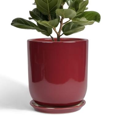 Imagem de SUNPOTFOR Vaso de cerâmica para plantas - Vaso interno de 25 cm com orifício de drenagem e pires, moderno, grande, vaso de flores para decoração de casa, vermelho