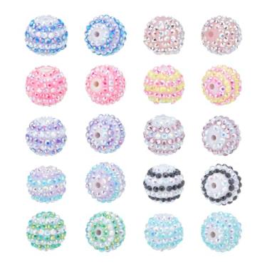 Imagem de PH PandaHall 20 peças, contas de 20 mm, 10 cores, resina, strass, contas, cravejado de bola de discoteca, contas de chiclete, padrão listrado, espaçador solto, para joias, pulseira, colar, caneta, suprimentos para fabricação de corrente
