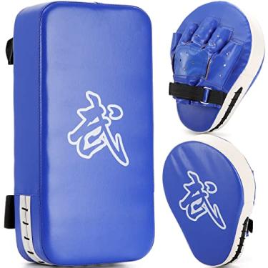 Imagem de WUWEOT Almofadas de foco de boxe e almofada de taekwondo, 39 x 20 azul, conjunto de luvas de perfuração 2 em 1, artes marciais, treinamento de escudo de chute de MMA, para homens e mulheres, academia