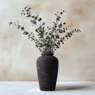 Imagem de Vaso rústico de cerâmica grande, vaso de flores de terracota preto de 28 cm, decoração de cerâmica boho moderna para sala de estar, banheiro, escritório, prateleira, cornija