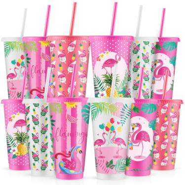 Imagem de Cholemy 12 peças de copos de plástico flamingo de 680 g com tampas e canudos, copos de flamingo reutilizáveis a granel copos de flamingo lembrancinhas de festa de flamingo para suco, água, café, chá,
