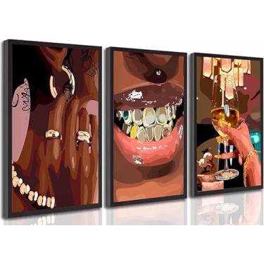 Imagem de 3 peças de arte de parede em tela para mulheres afro-americanas, brincos, colares, fotos de dentes dourados, decoração de parede, vinho, tendência, carrinho, cartaz, impressão, arte para quarto de
