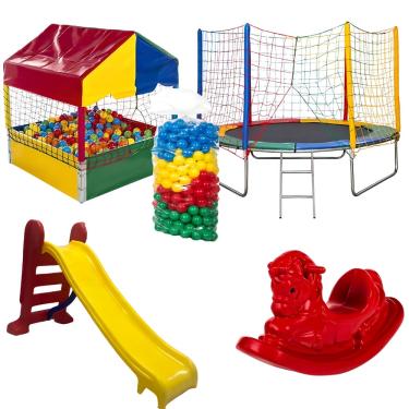 Imagem de Cama Elástica 2,44m Piscina de Bolinha 1,00m c/ 500 Bolinhas Escorregador Médio Gangorra 1 Lugar