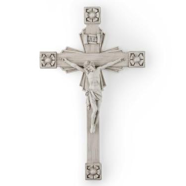 Imagem de Cruz de parede com crucifixo católico BC, decoração de casa de Jesus Cristo, aparência esculpida em madeira, presente religioso, acabamento branco cinza, 30,5 cm A, pintado à mão por Buildclassic