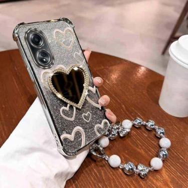 Imagem de Airbag Alça de Pulso Glitter Amor Coração Espelho de Maquiagem Capa de Telefone para Oppo A54 A55 A57 A58 A76 A77 A78 a96 4G 5G Capa, Prata, Para Oppo A55 4G