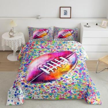 Imagem de Feelyou Conjunto de edredom de futebol americano, colorido, rúgbi, para crianças, adultos, adolescentes, ultramacio, com 1 edredom, 2 fronhas, edredom acolchoado
