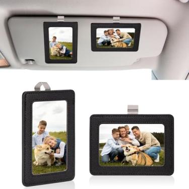 Imagem de Pacote com 2 porta-retratos para viseira de carro serve para viseira de sol de couro artificial de 5,3 x 8,4 cm, suporte de clipe de foto de carro personalizado de 6 x 9 cm, vertical e horizontal para