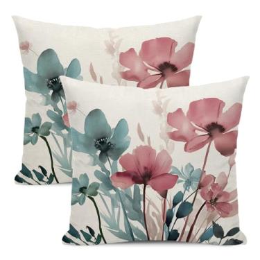 Imagem de Yxuiyal Conjunto de 2 capas de almofada florais de primavera 45,7 x 45,7 cm conjunto de 2 capas de almofada floral azul rosa para ambientes externos rústicos de verão decoração de flores de fazenda