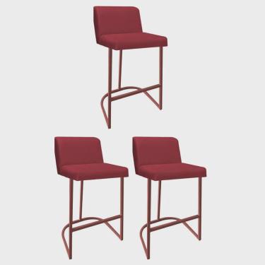 Imagem de Kit 03 Banquetas Com Encosto Noah Luxo Confort Bistrô Cozinha Ferro Bronze Corino Vermelho - Ahz Móveis