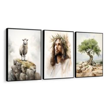Imagem de Quadro Decorativo Religioso Cordeiro Jesus Cristo Arvore vida moderno com moldura (Moldura Preta, 60x80, Sem Vidro)