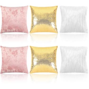 Imagem de Remagr Conjunto de 6 capas de almofada decorativas quadradas lisas macias para sofá sofá-cama carro decoração de casa 45 x 45 cm (rosa, ouro, branco, lantejoulas, pelúcia, veludo)