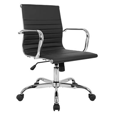 Imagem de LANDSUN Cadeira de escritório em casa, encosto médio, couro PU, com nervuras, giratória, inclinada, ajustável, para computador com apoio de braço, conferências executivas, preta