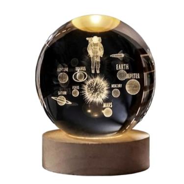 Imagem de Luminária Cristal de Mesa Sistema Solar Saturno Lua Galáxia LED Base Madeira Enfeite Decorativo Casa(Astronauta Planeta)